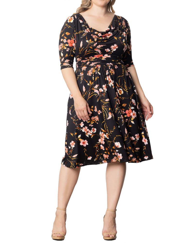 Front of a model wearing a size 0X Heather Cowl Neck Dress in MIDNIGHT GARDEN by Kiyonna. | dia_product_style_image_id:353125